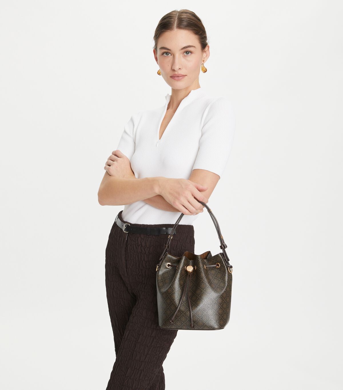 tory burch t monogram coated canvas bucket bag