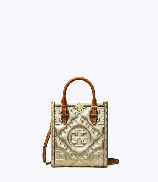 T Monogram Embossed Metallic Mini Tote