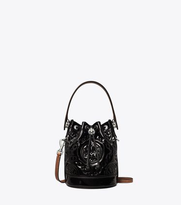 Mini T Monogram Embroidered Patent Bucket Bag