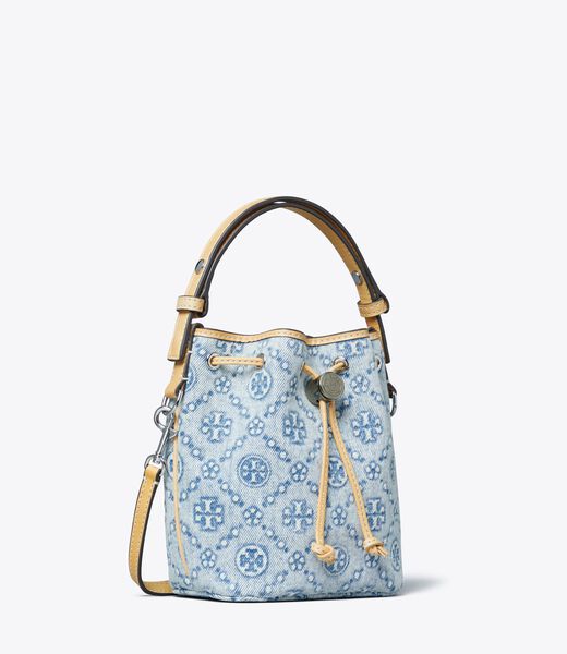 tory burch t monogram denim mini bucket bag