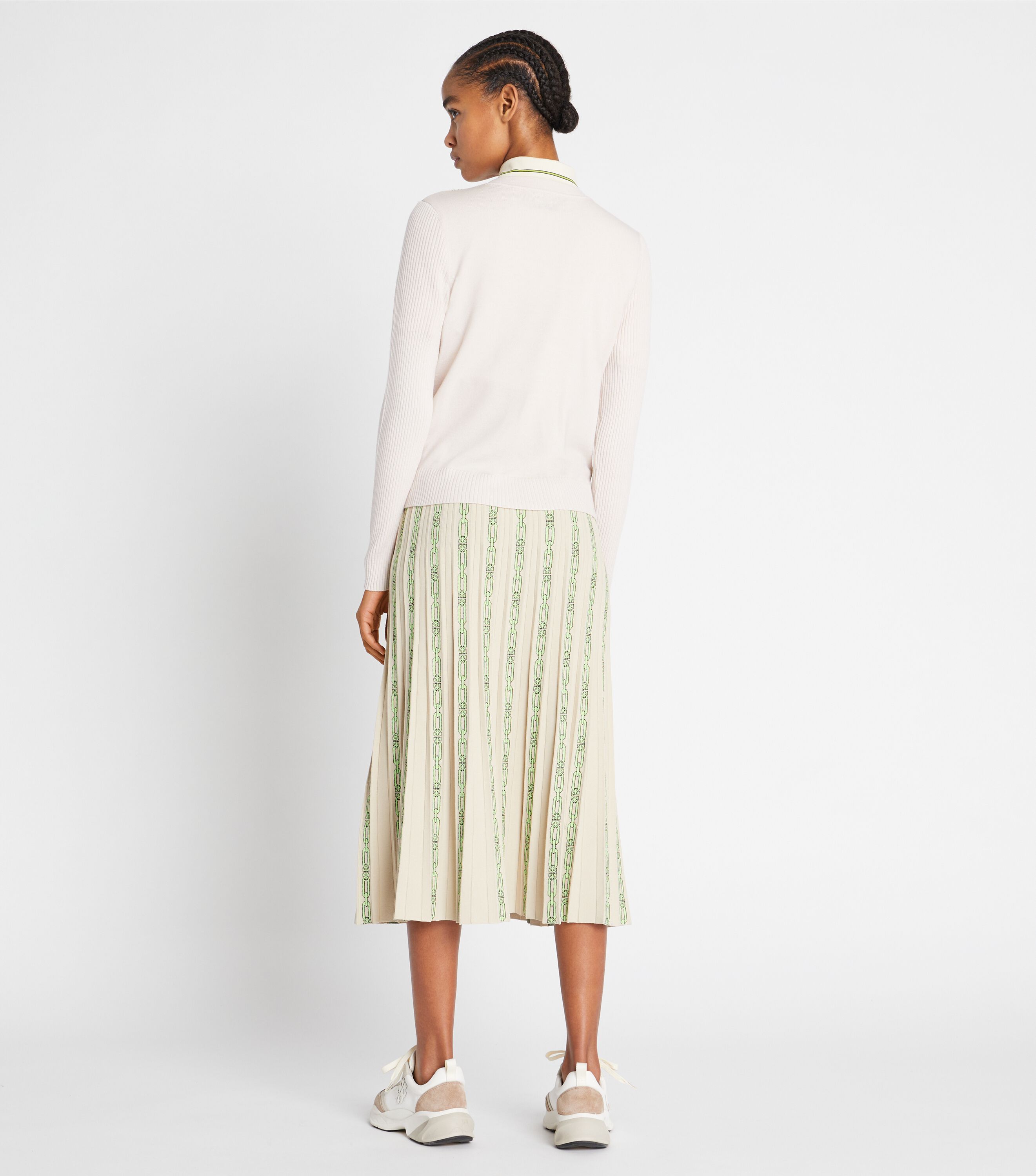 Pleated Jacquard Tech Knit Skirt, Pale Stone Chain Logo Jqd