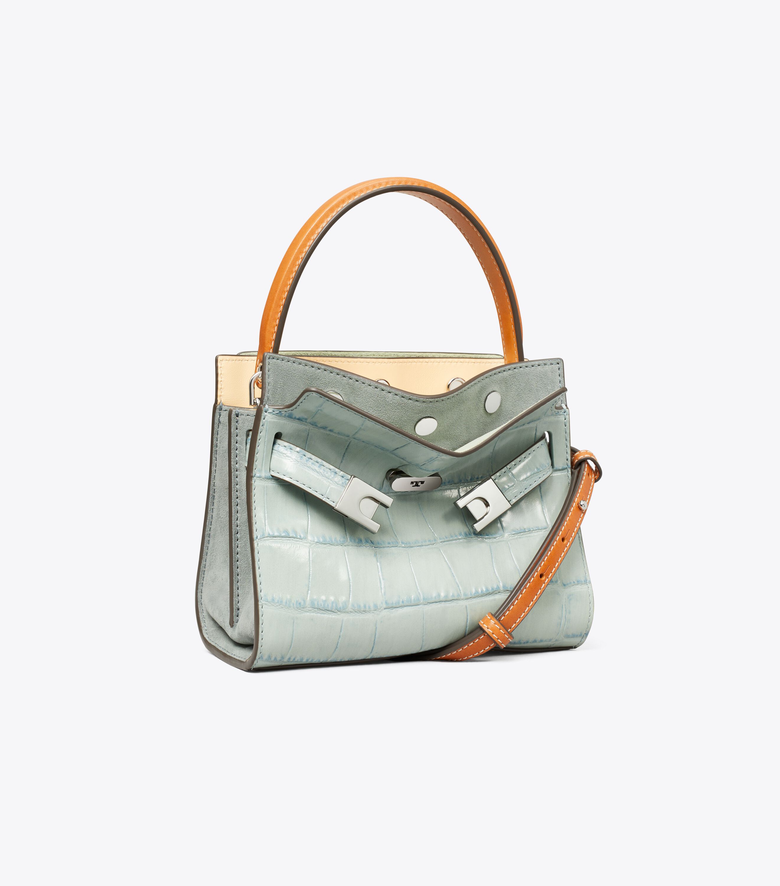 Petite Lee Radziwill Croc-Embossed Double Bag, Blue Celadon | Tory