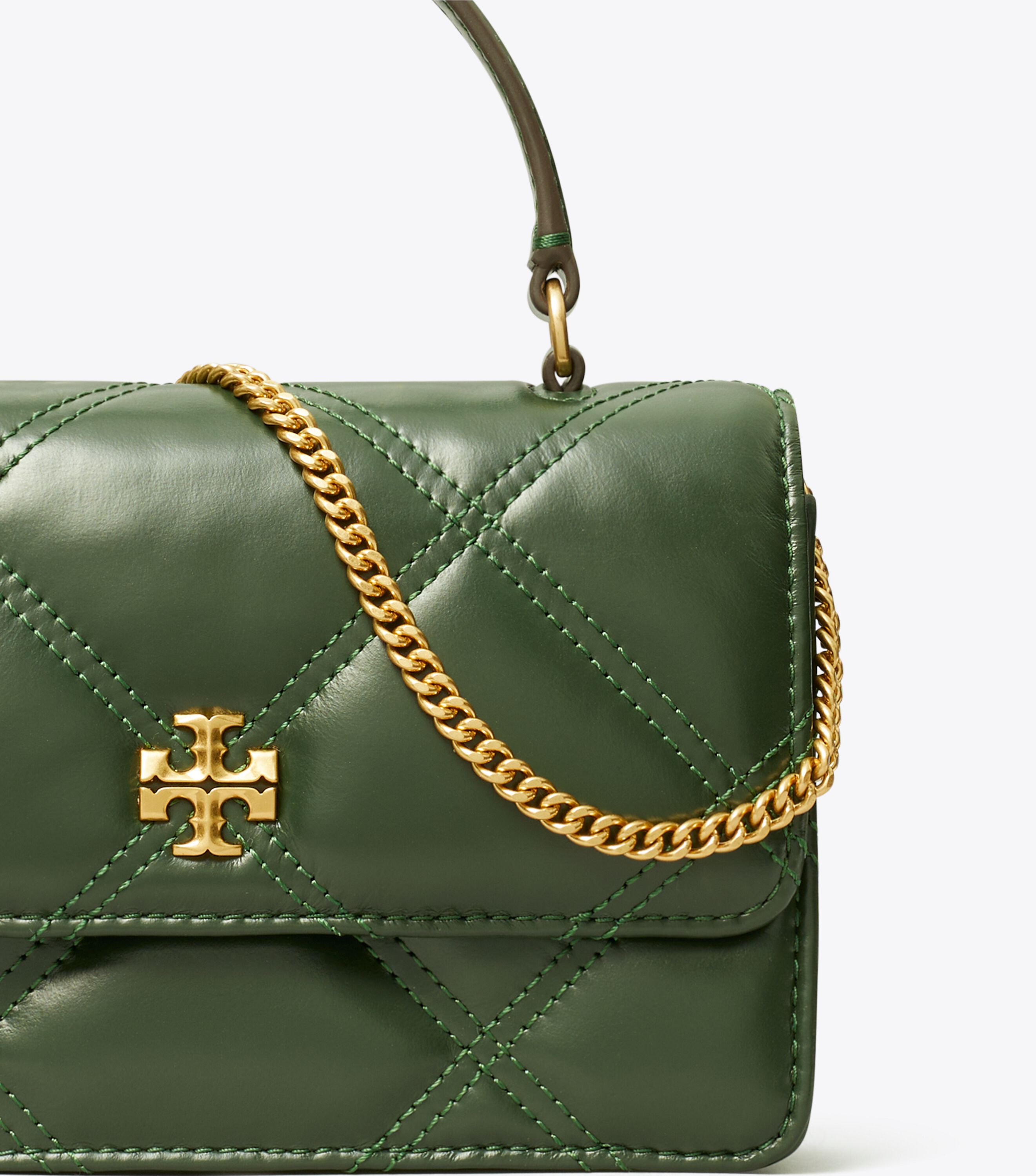 Mini Kira Diamond Quilt Top Handle Chain Wallet, Basil