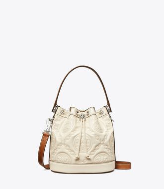 T Monogram Embroidered Patent Bucket Bag