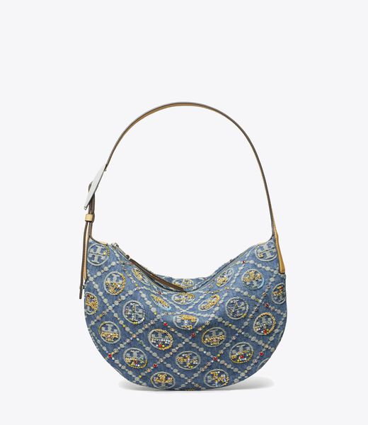 tory burch حقيبة بالون صغيرة مزينة بنقشة حرف t من قماش الدنيم