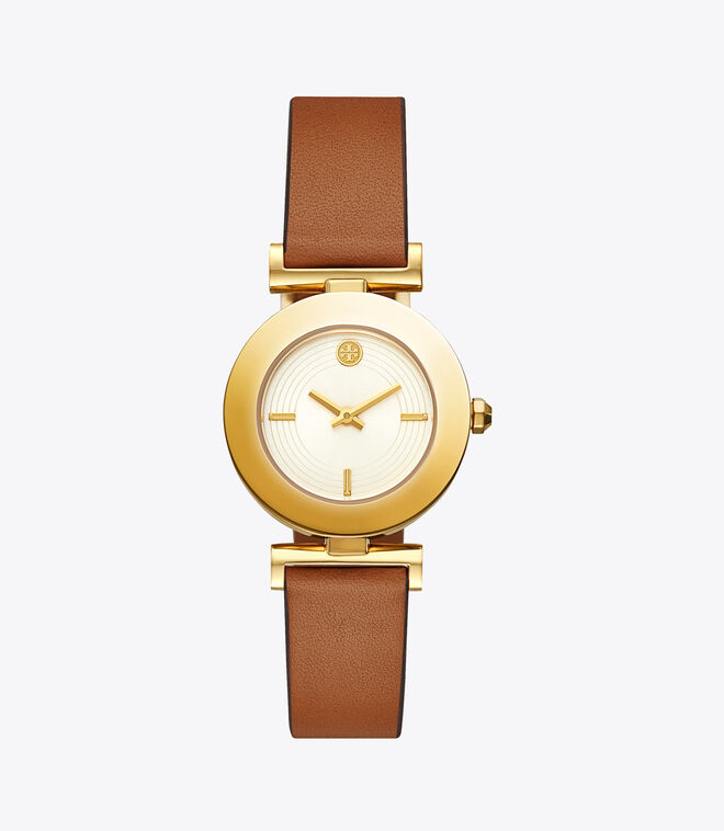Sawyer Twist Round Watch, Brown/Orange Leather, Gold Tone, 29 X 29 MM