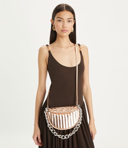 tory burch mini fleming soft metallic quilt crescent bag