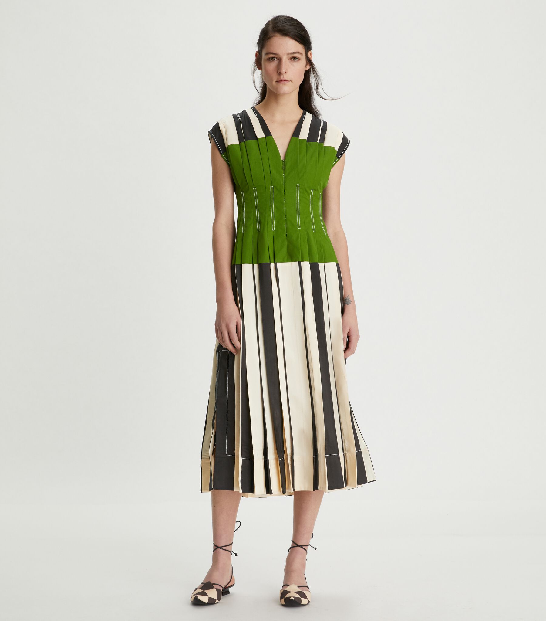 Silk Shantung Claire McCardell Dress, Black Awning Stripe | Tory Burch UAE
