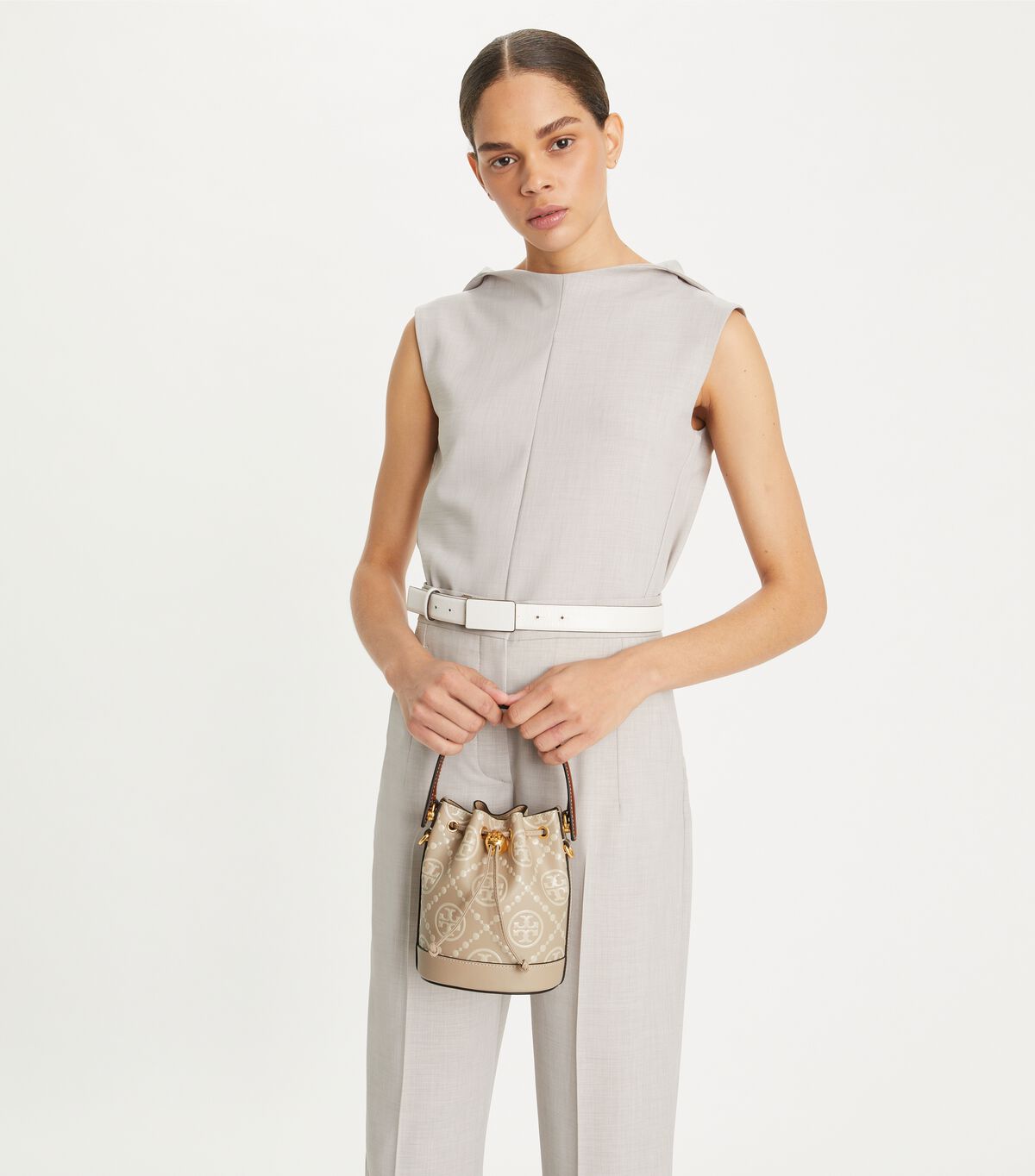 tory burch t monogram contrast embossed mini bucket bag