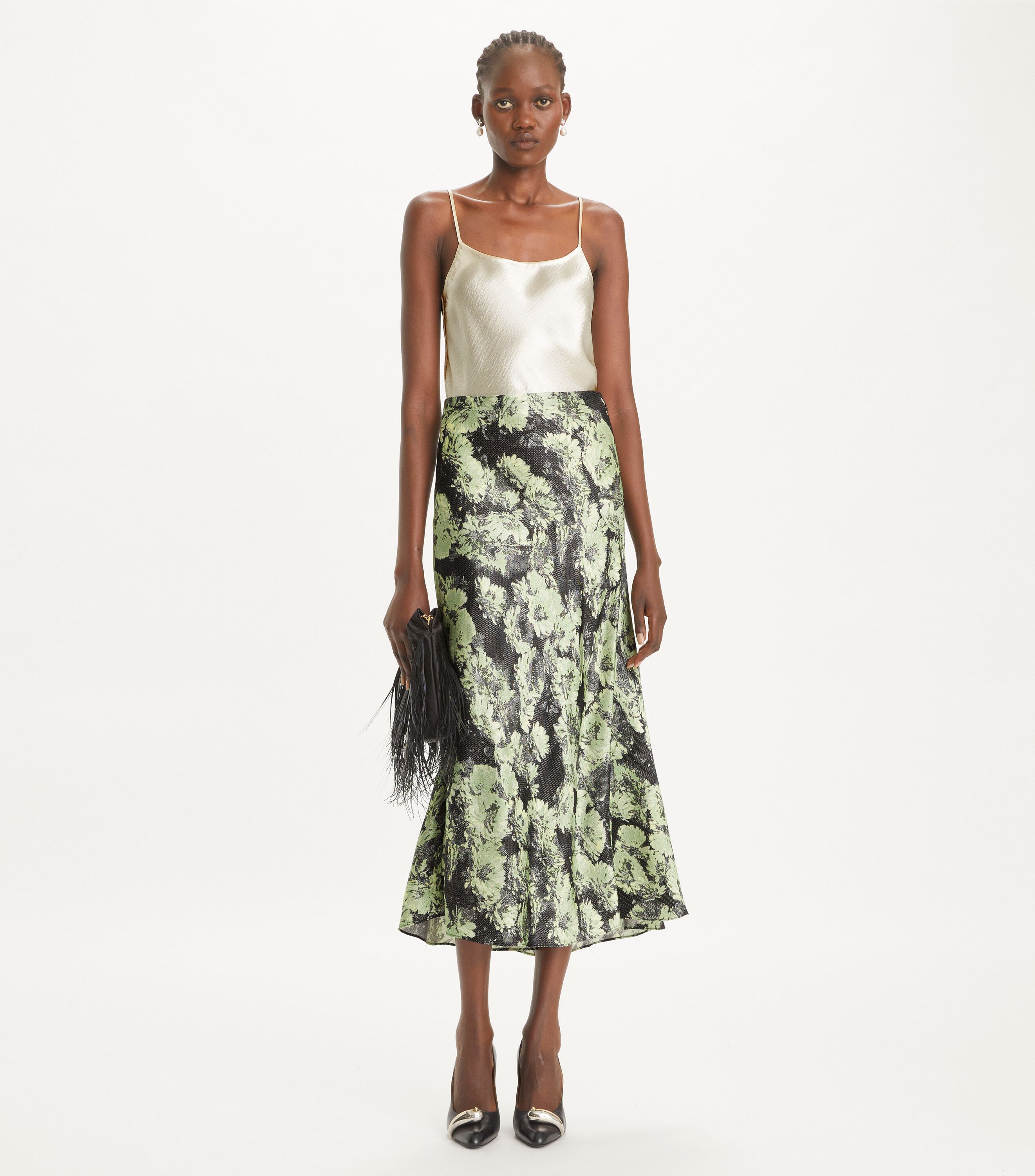Printed Satin Skirt, Green Pixel Floral | Tory Burch UAE