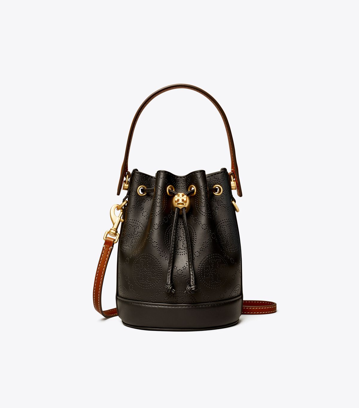 tory burch mini t monogram perforated leather bucket bag