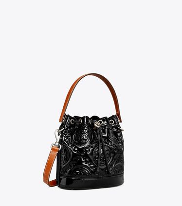 T Monogram Embroidered Patent Bucket Bag