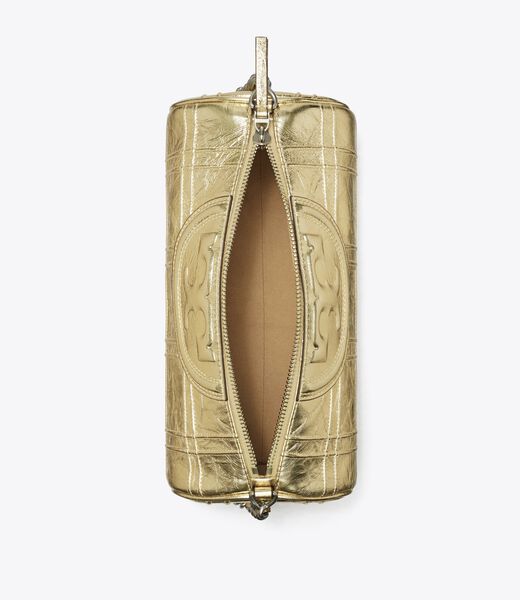 tory burch fleming metallic soft barrel bag