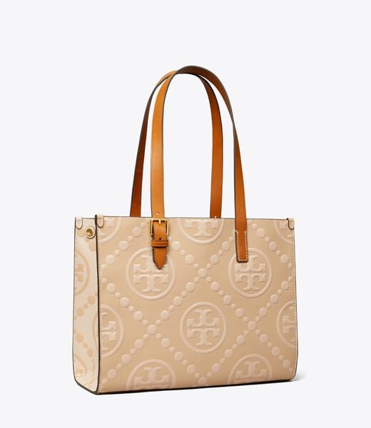 tory burch small t monogram contrast embossed tote