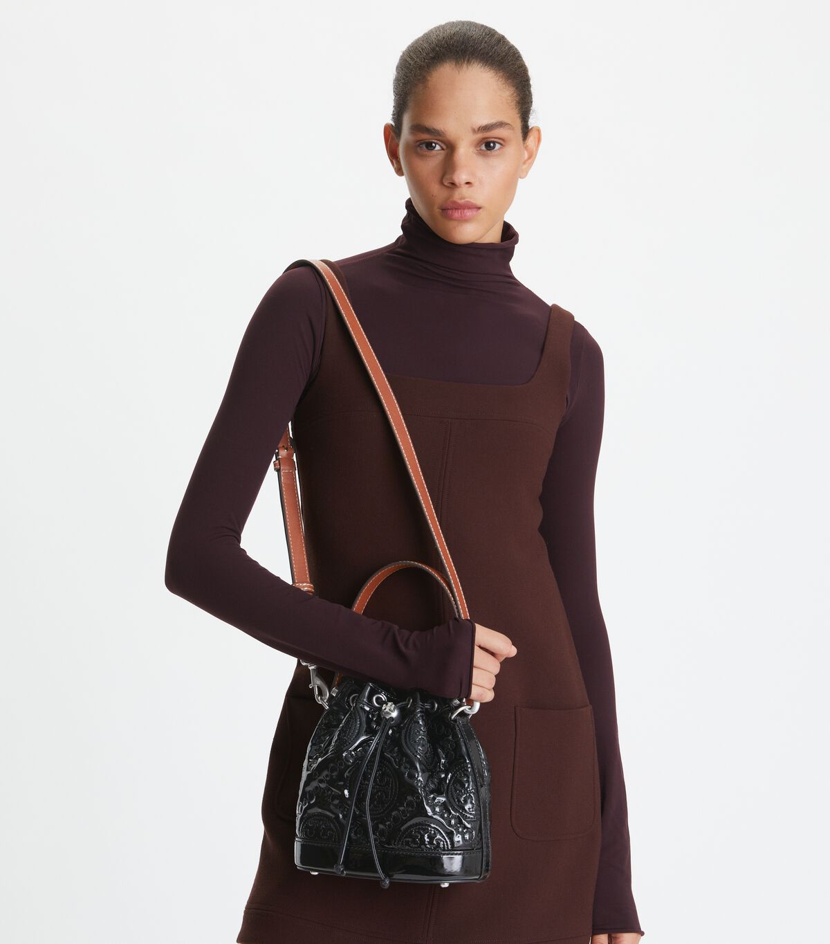 tory burch t monogram embroidered patent bucket bag