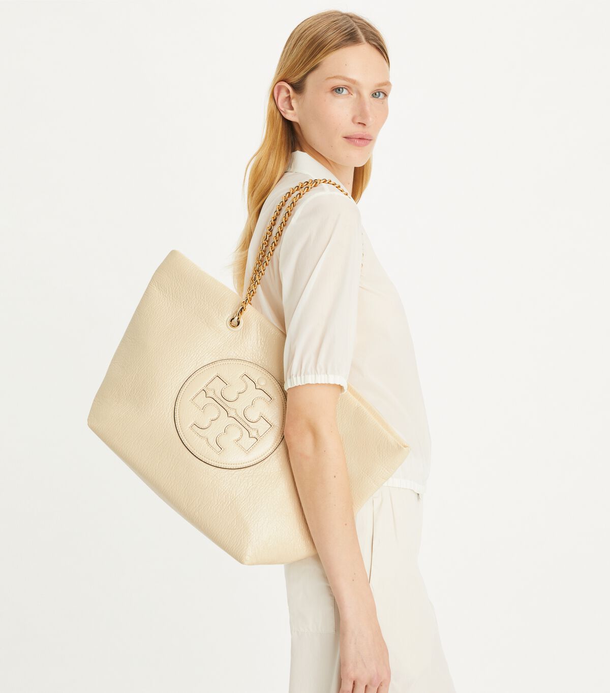 tory burch ella crinkle patent chain tote
