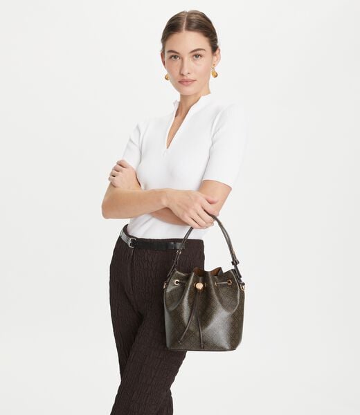 tory burch t monogram coated canvas bucket bag