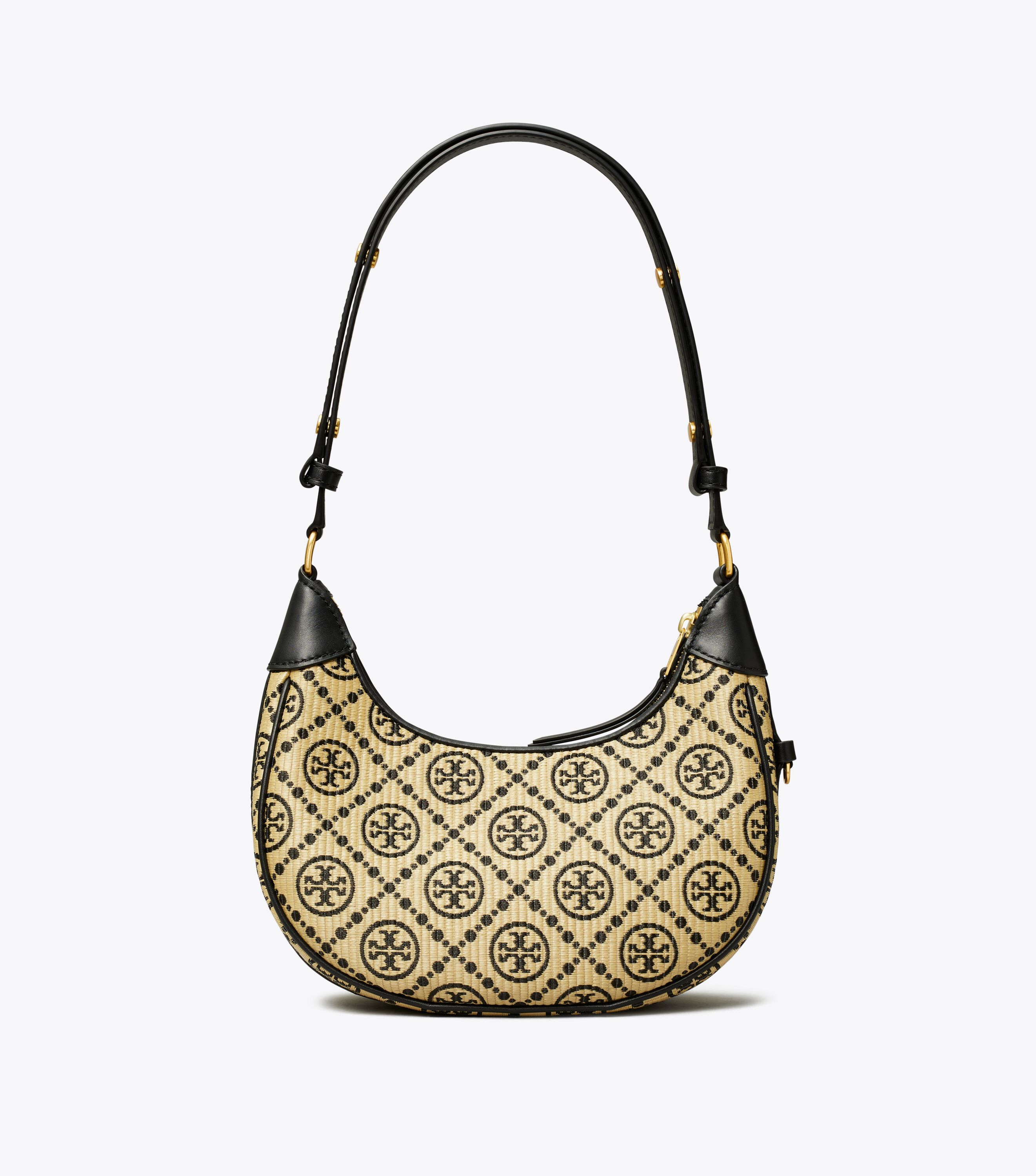T Monogram Raffia Crescent Bag, Black | Tory Burch UAE