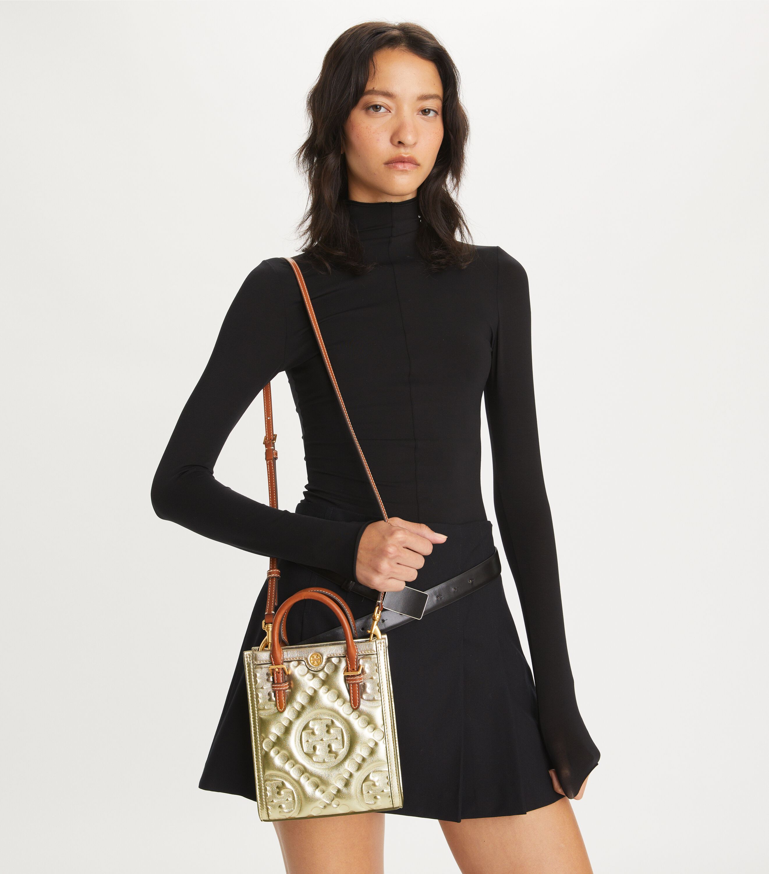 T Monogram Embossed Metallic Mini Tote Handbags Tory Burch