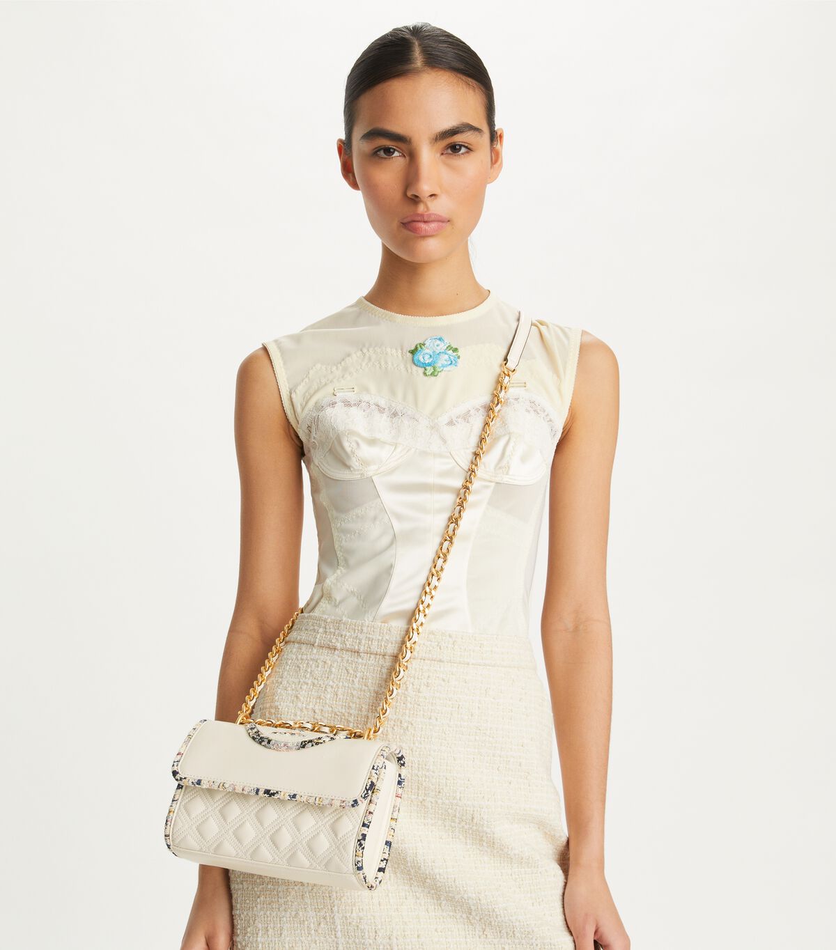 tory burch small fleming tweed border convertible shoulder bag