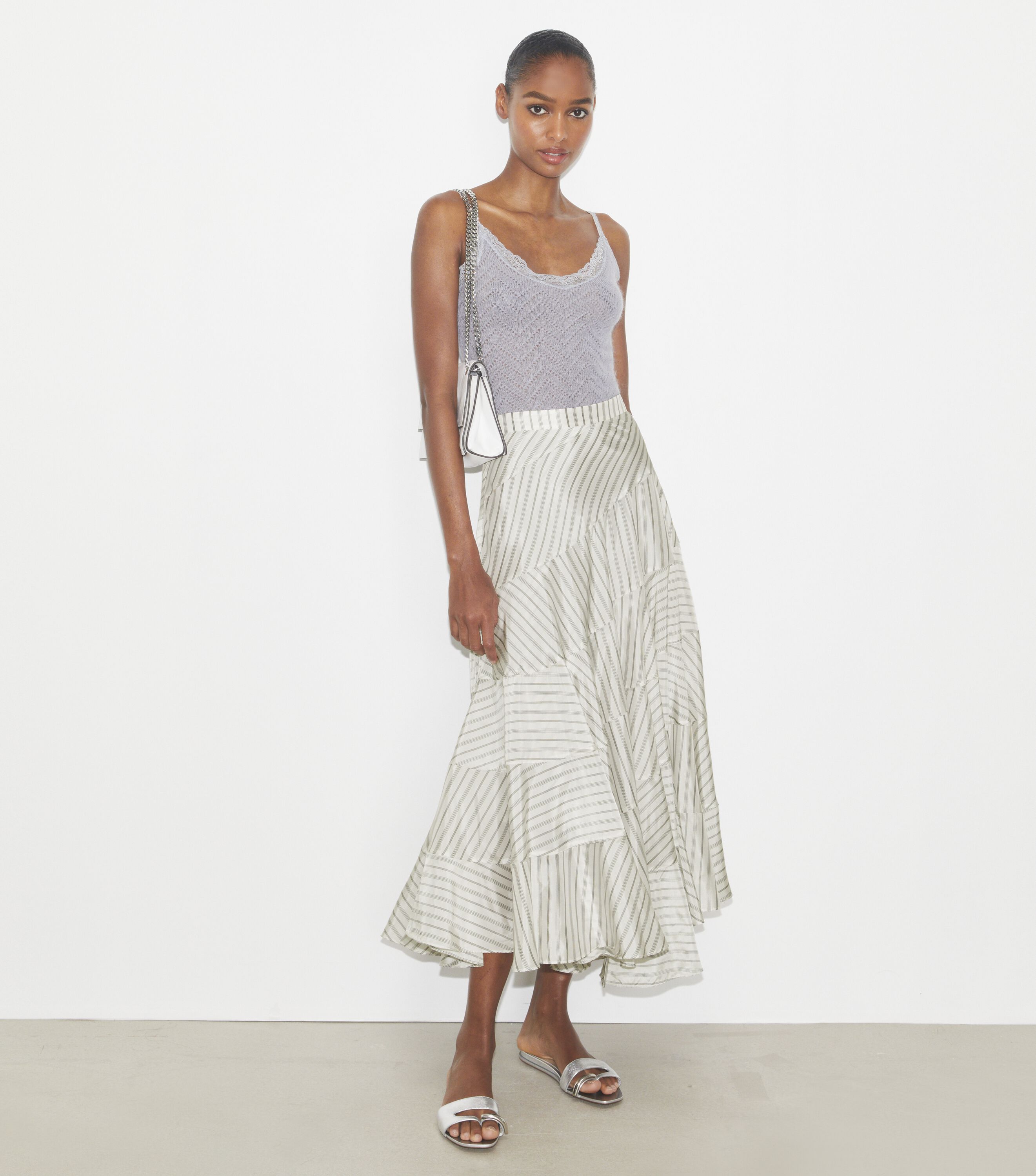 Asymmetrical Viscose Skirt, White/Gray/Black Helios Striped Lining