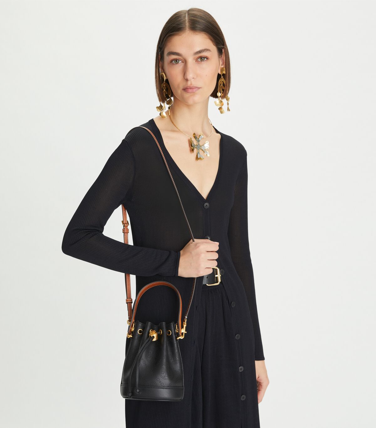 tory burch mini t monogram perforated leather bucket bag