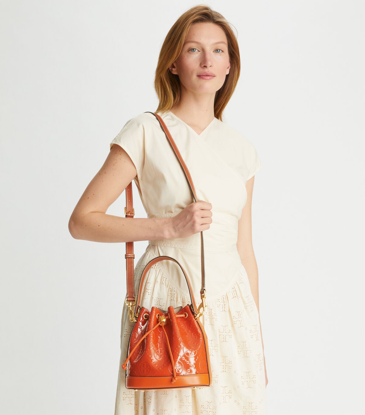 tory burch t monogram patent embossed bucket bag