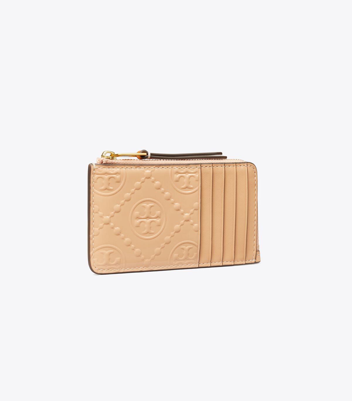 tory burch t monogram patent embossed zip card case