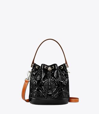 T Monogram Embroidered Patent Bucket Bag