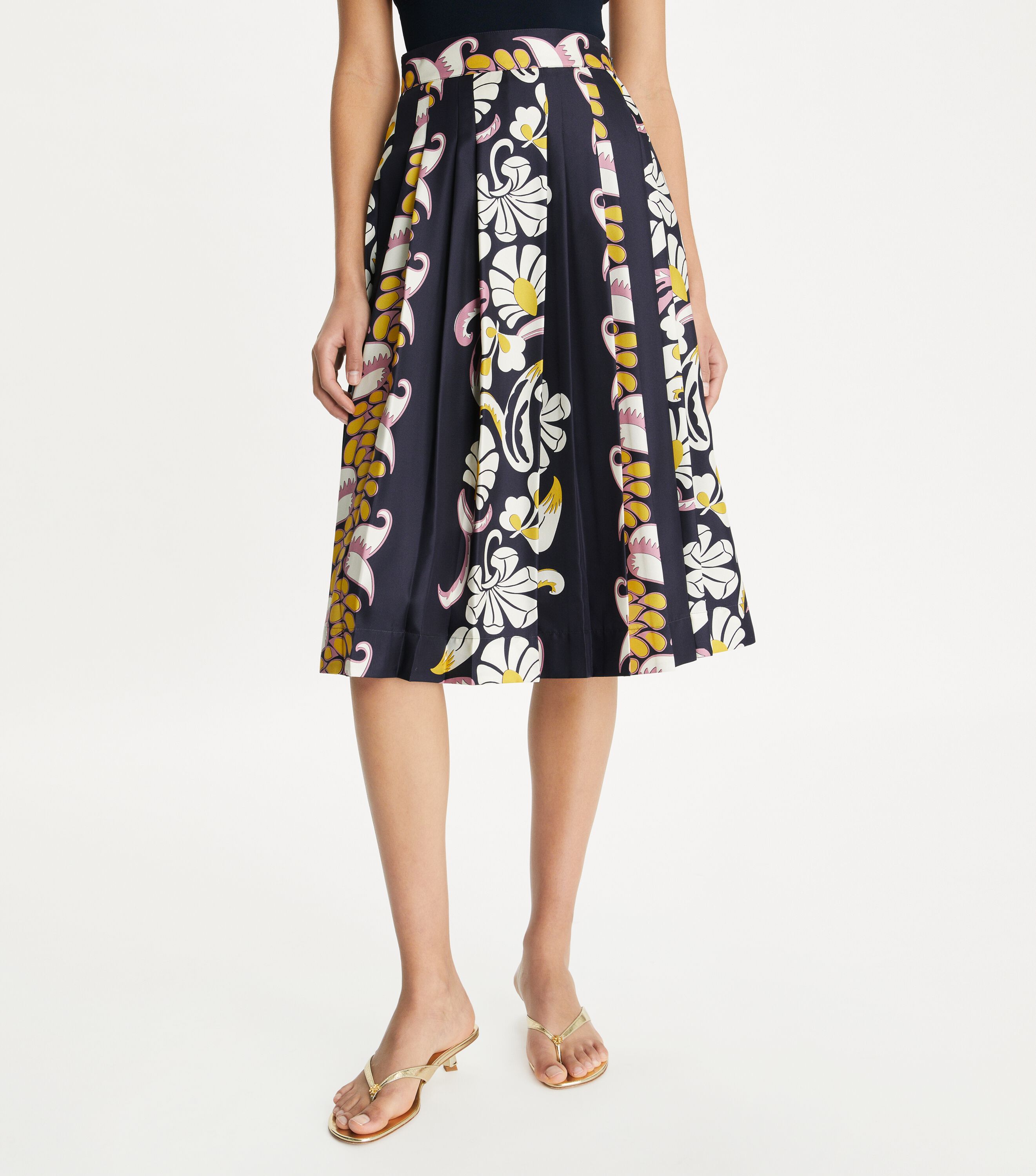 Printed Pleated Silk Skirt, Pink Tropical Border | Tory