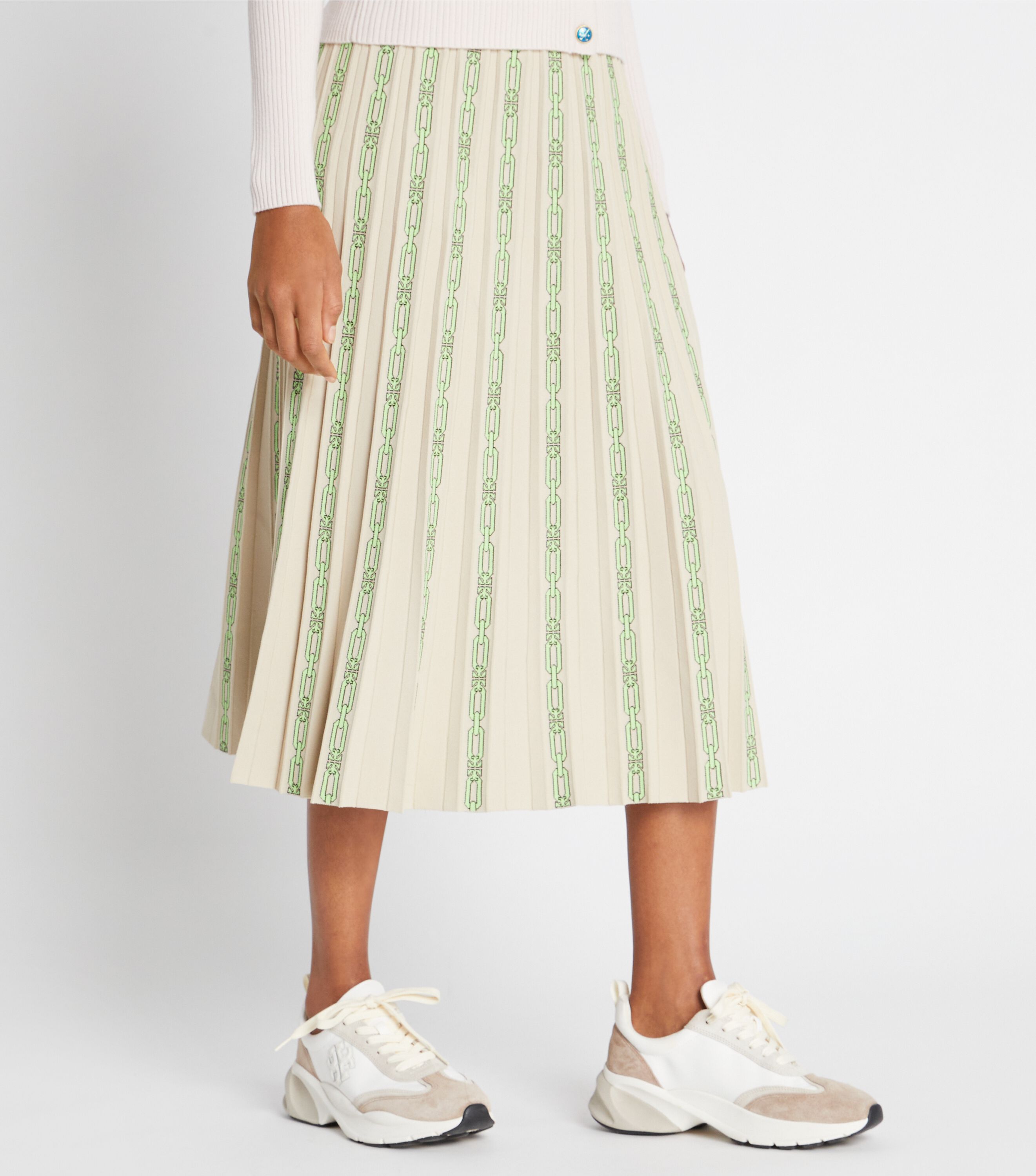 Pleated Jacquard Tech Knit Skirt, Pale Stone Chain Logo Jqd