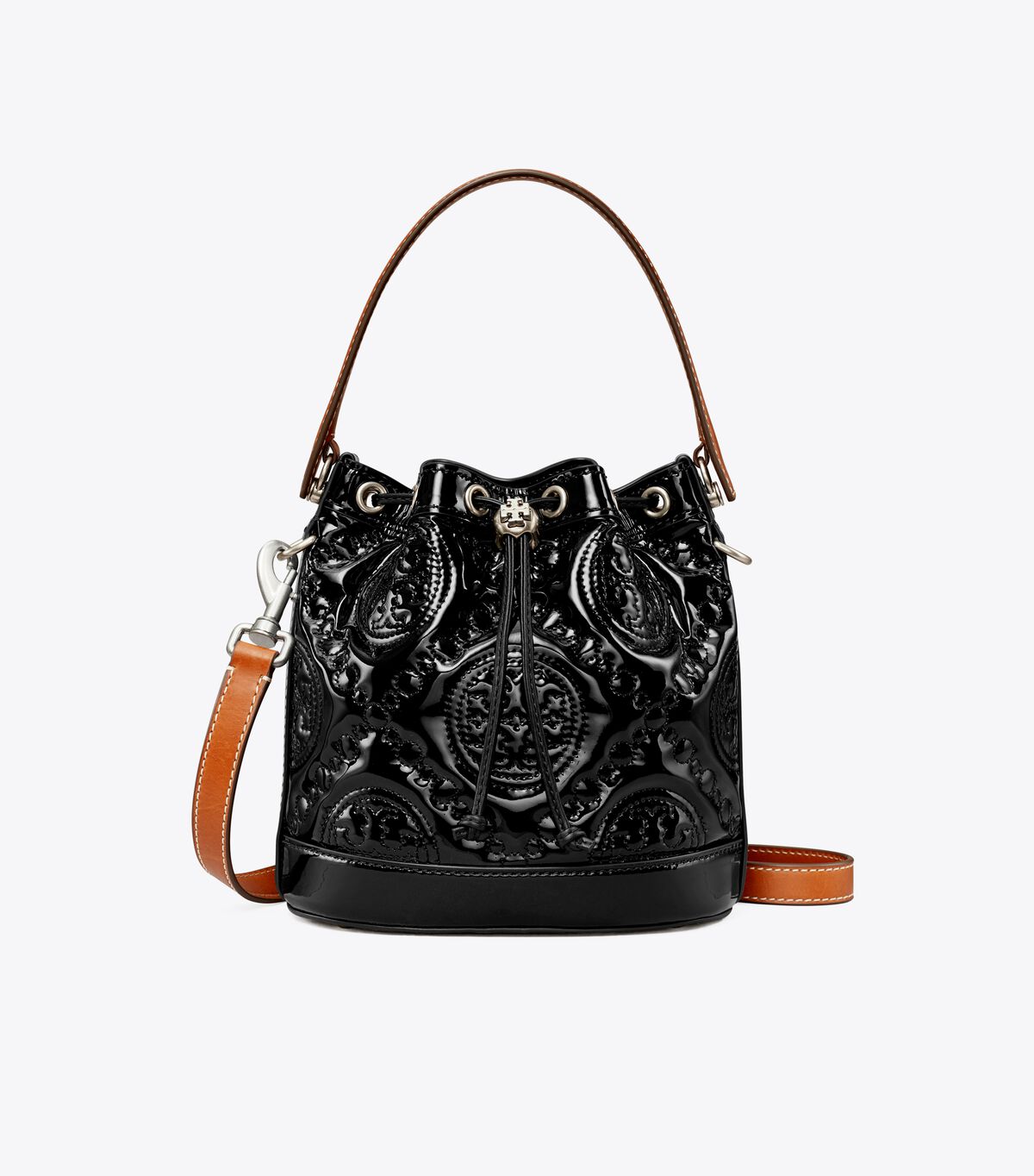 tory burch t monogram embroidered patent bucket bag