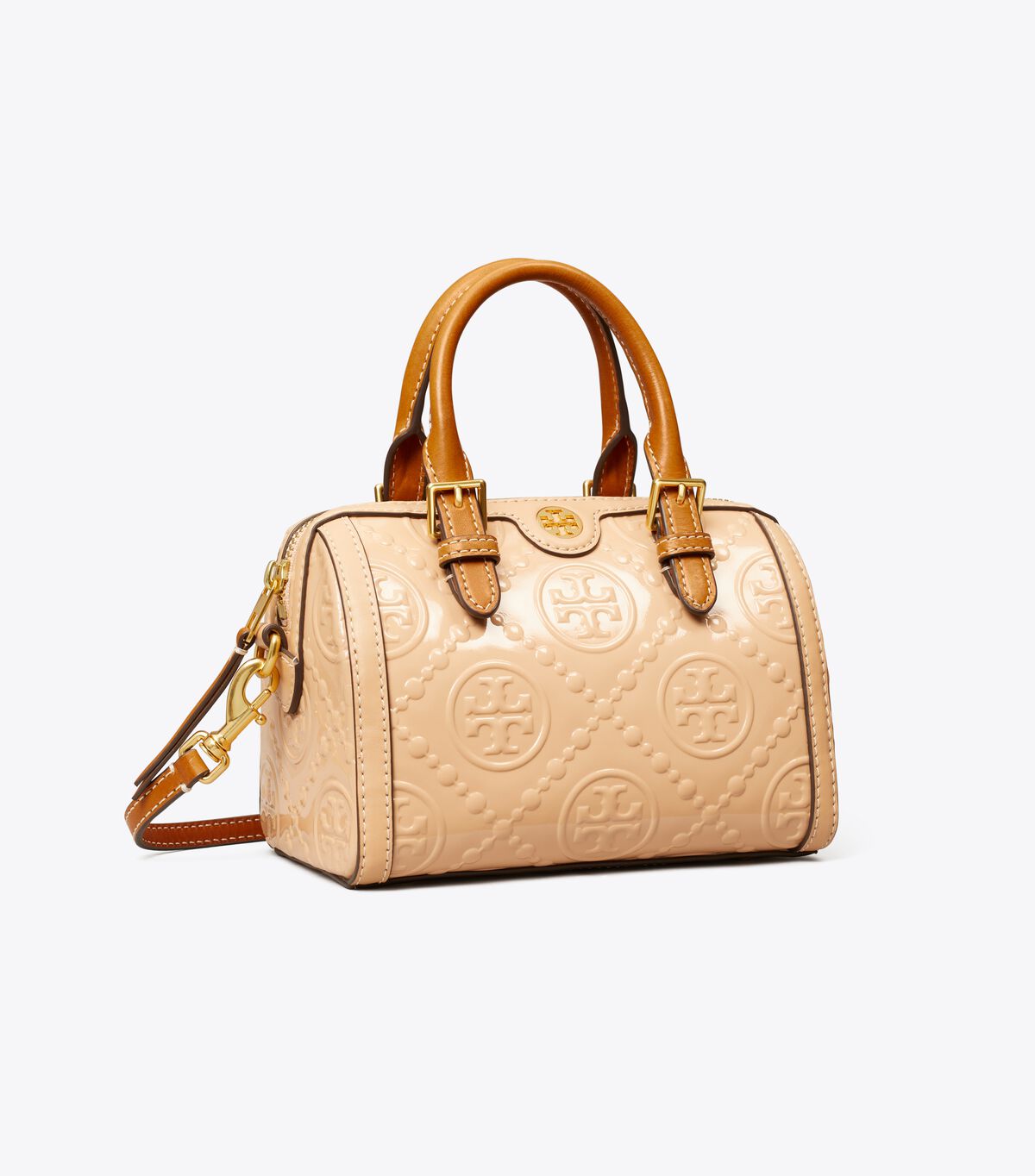 tory burch t monogram patent embossed petite barrel bag