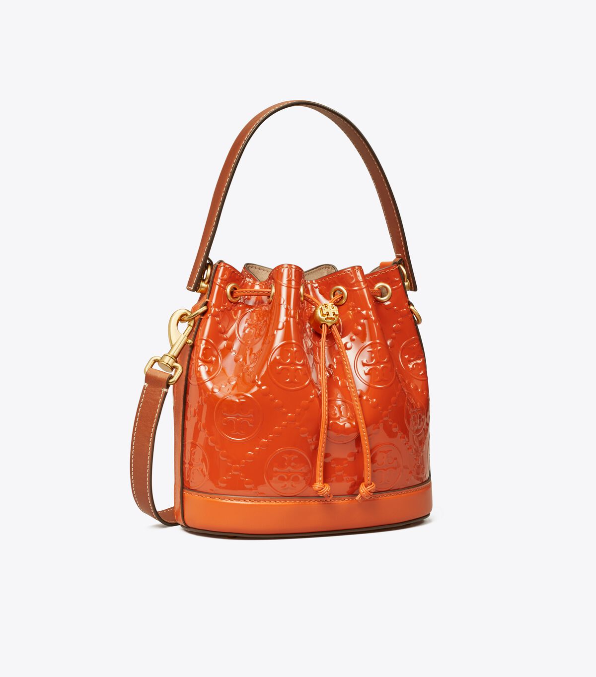 tory burch t monogram patent embossed bucket bag
