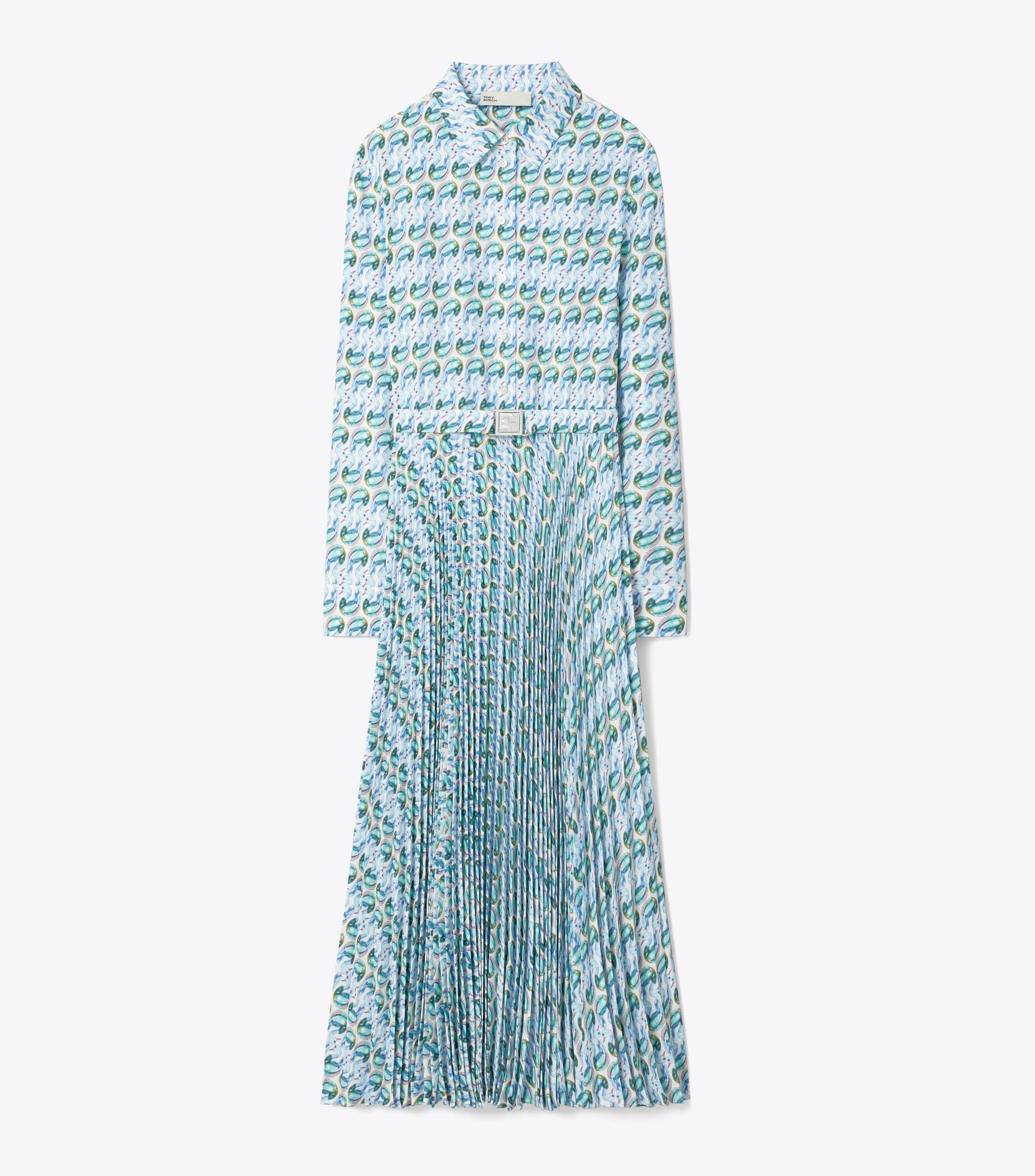 Printed Twill Dress, Blue Glass Swan Allover | Tory Burch UAE Printed Twill Dress, Blue Glass Swan Allover | Tory Burch UAE