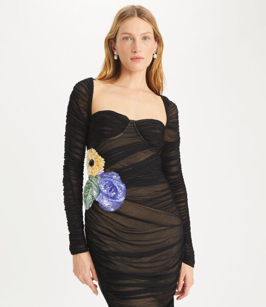 tory burch embellished viscose ruched dress