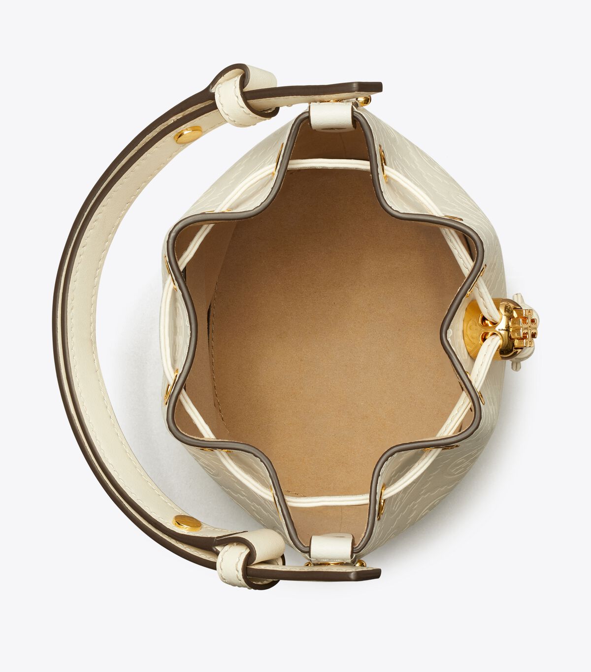 tory burch حقيبة دلو تي مونوغرام صغيرة جلدية