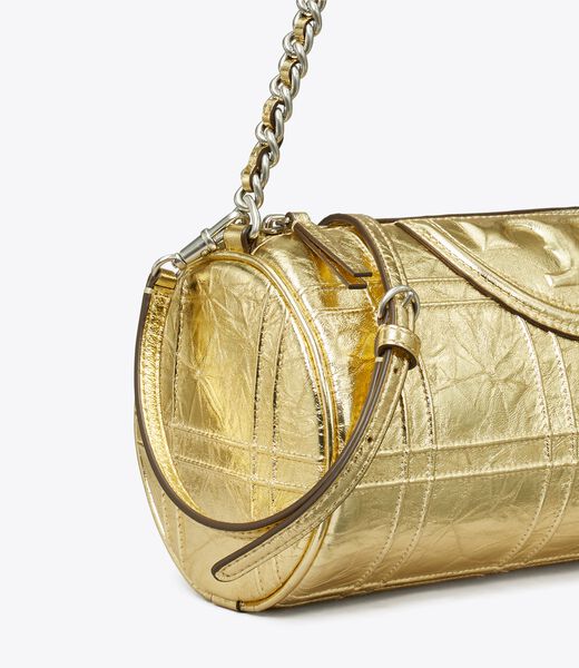 tory burch fleming metallic soft barrel bag
