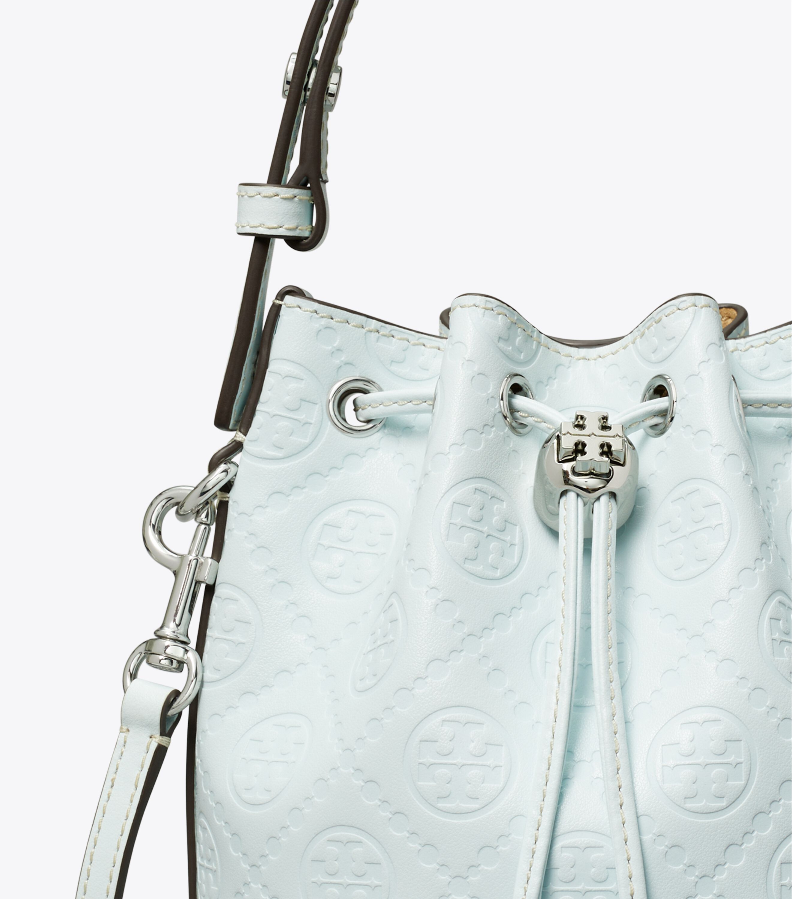 ハンドバッグ [Tory Burch] T Monogram Leather Mini Bucket Bag - ICE BLUE T Monogram Mini Bucket Bag: Women's Designer Crossbody Bags