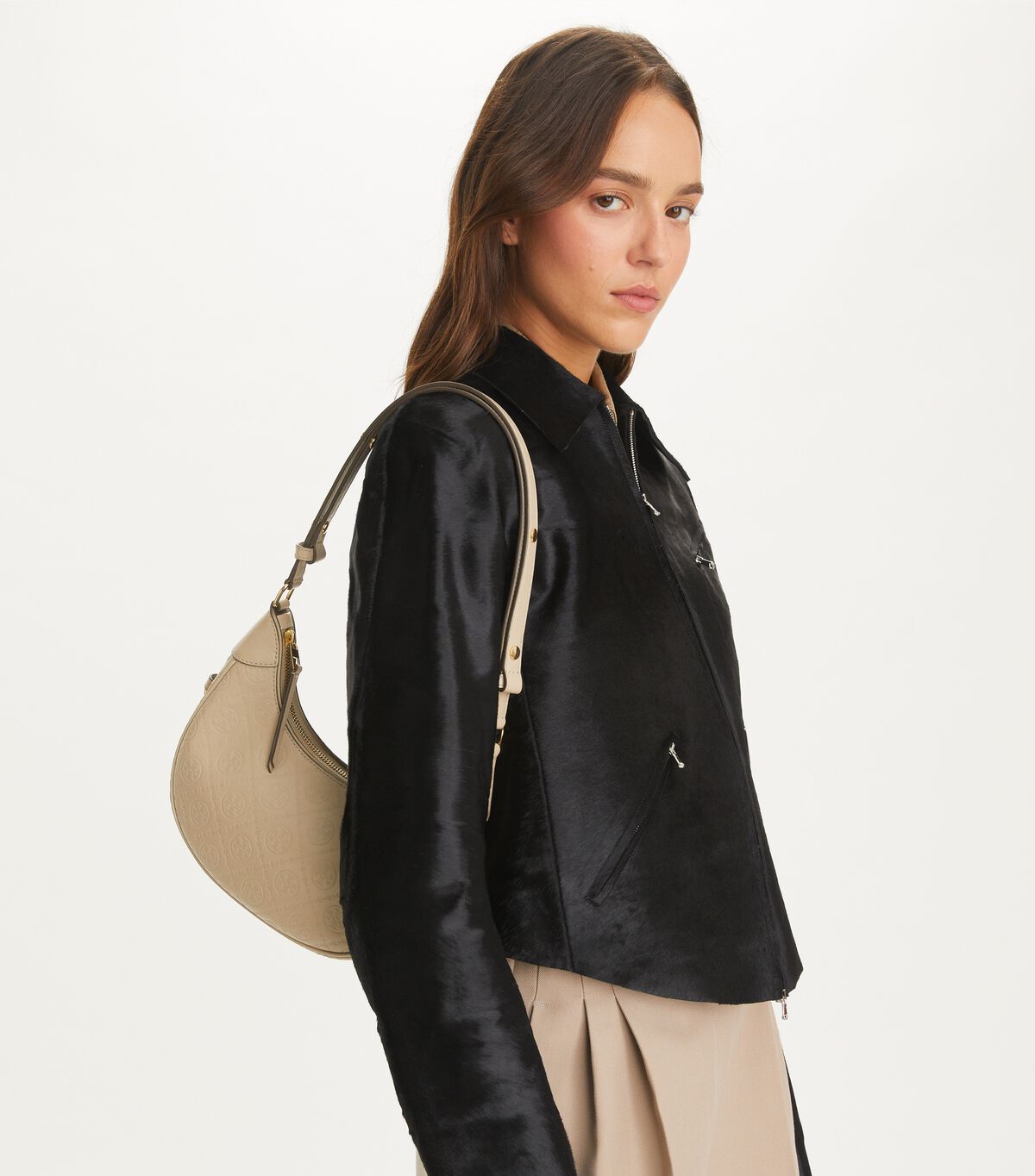 tory burch t monogram leather crescent bag