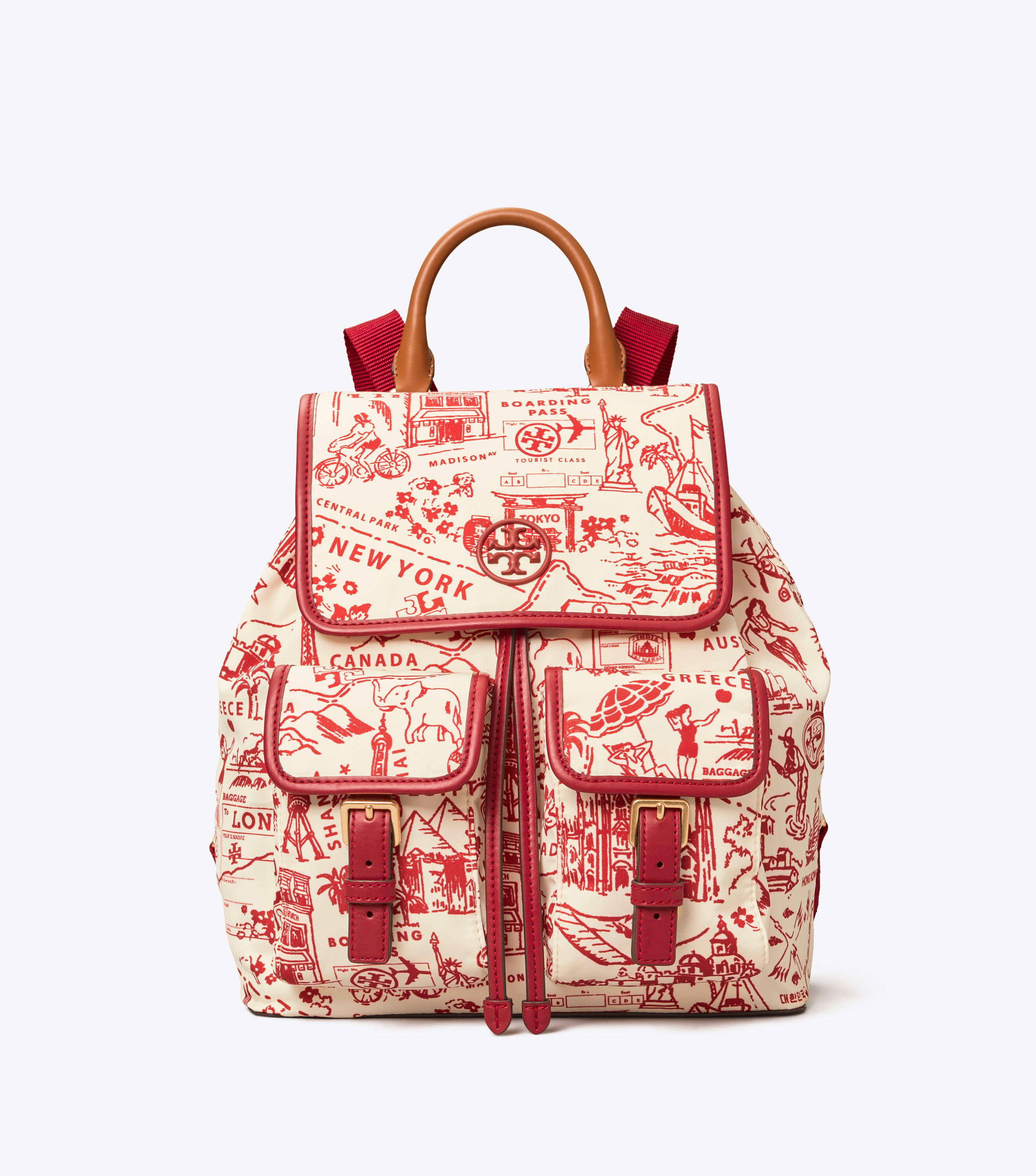 Perry Nylon Printed Flap Backpack, Red Destination | Tory