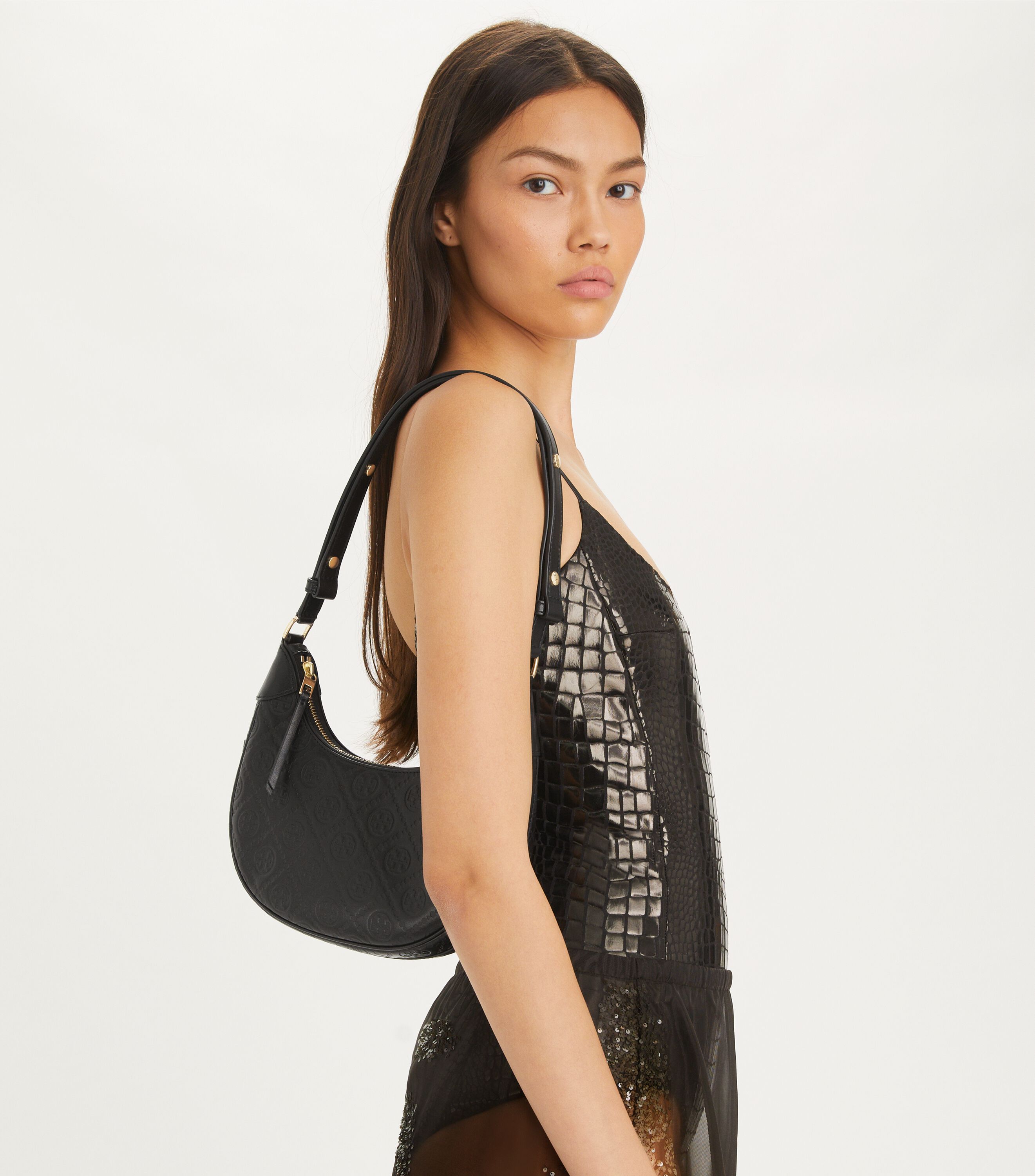 新品 TORY BURCH MONOGRAM MINI CRESCENT BAG T Monogram Leather Crescent Bag, Black | Tory Burch UAE