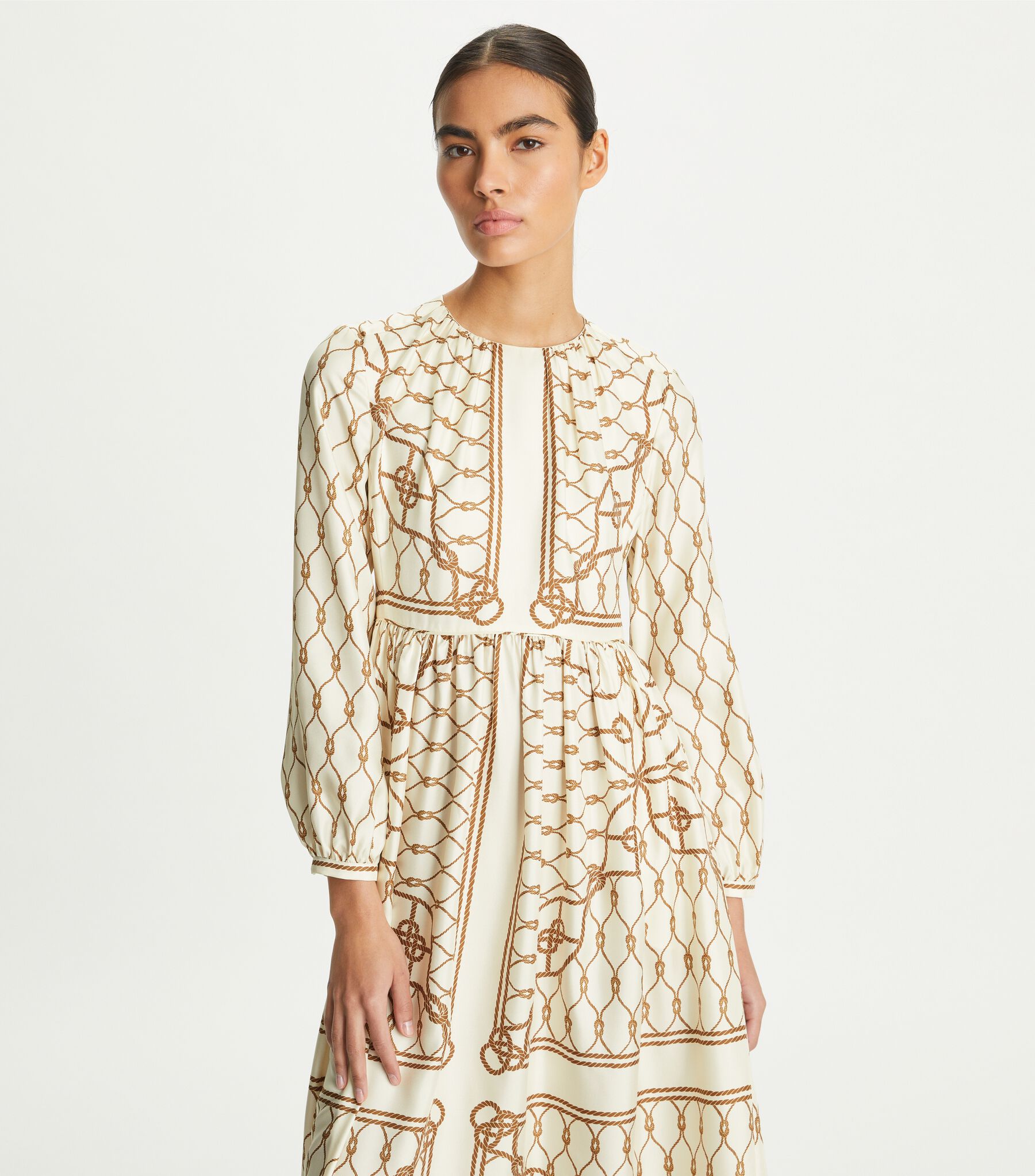 Silk Printed Dress, Brown Rope | Tory Burch UAE display picture 1