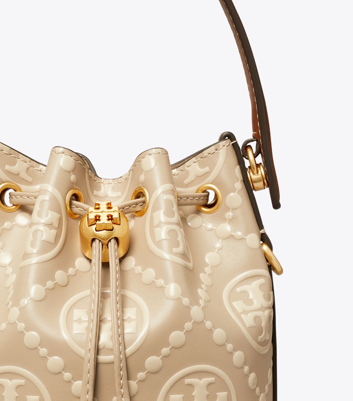 tory burch t monogram contrast embossed mini bucket bag