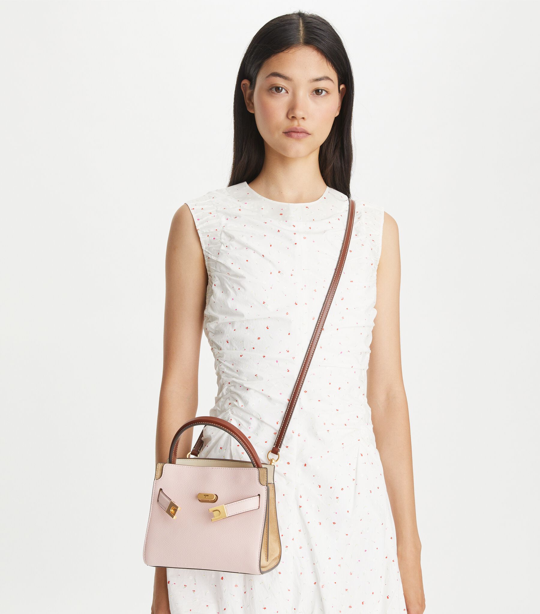 Petite Lee Radziwill Pebbled Double Bag, Pink Sand Tory Burch UAE