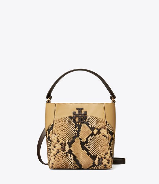 tory burch small mcgraw snake embossed bucket bag