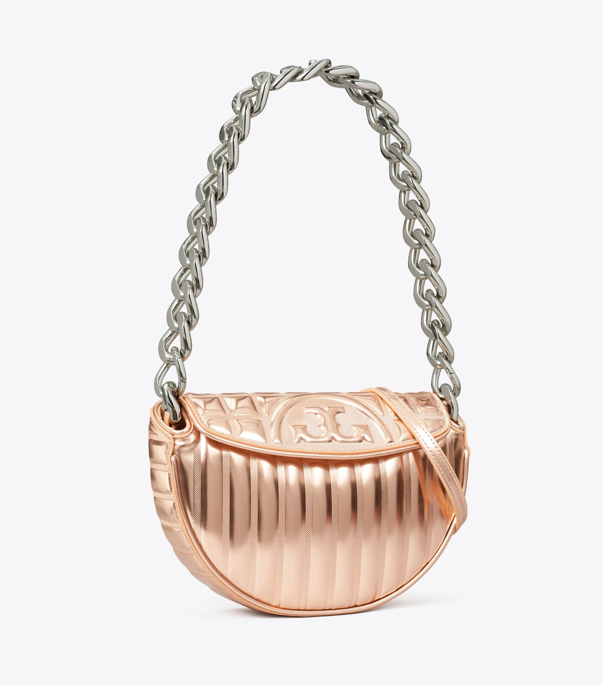 tory burch mini fleming soft metallic quilt crescent bag