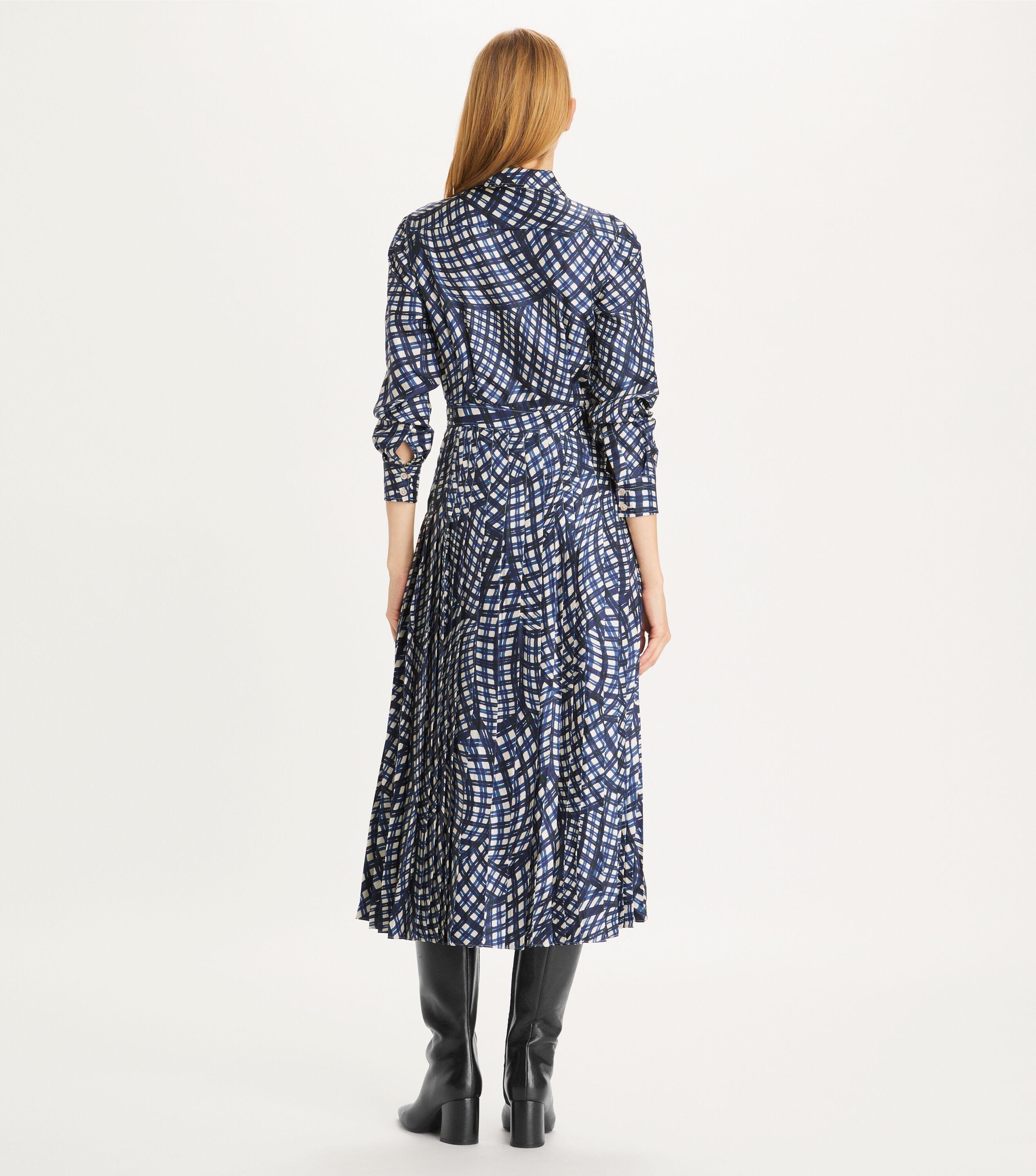 Printed Pleated Silk Twill Dress, Navy Warped Gingham | Tory Burch UAE