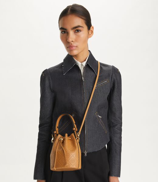 tory burch t monogram leather mini bucket bag
